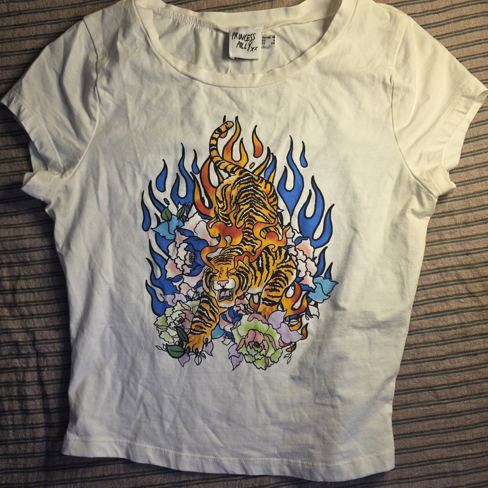 Princess Polly White Tee with Tiger and Flames Design